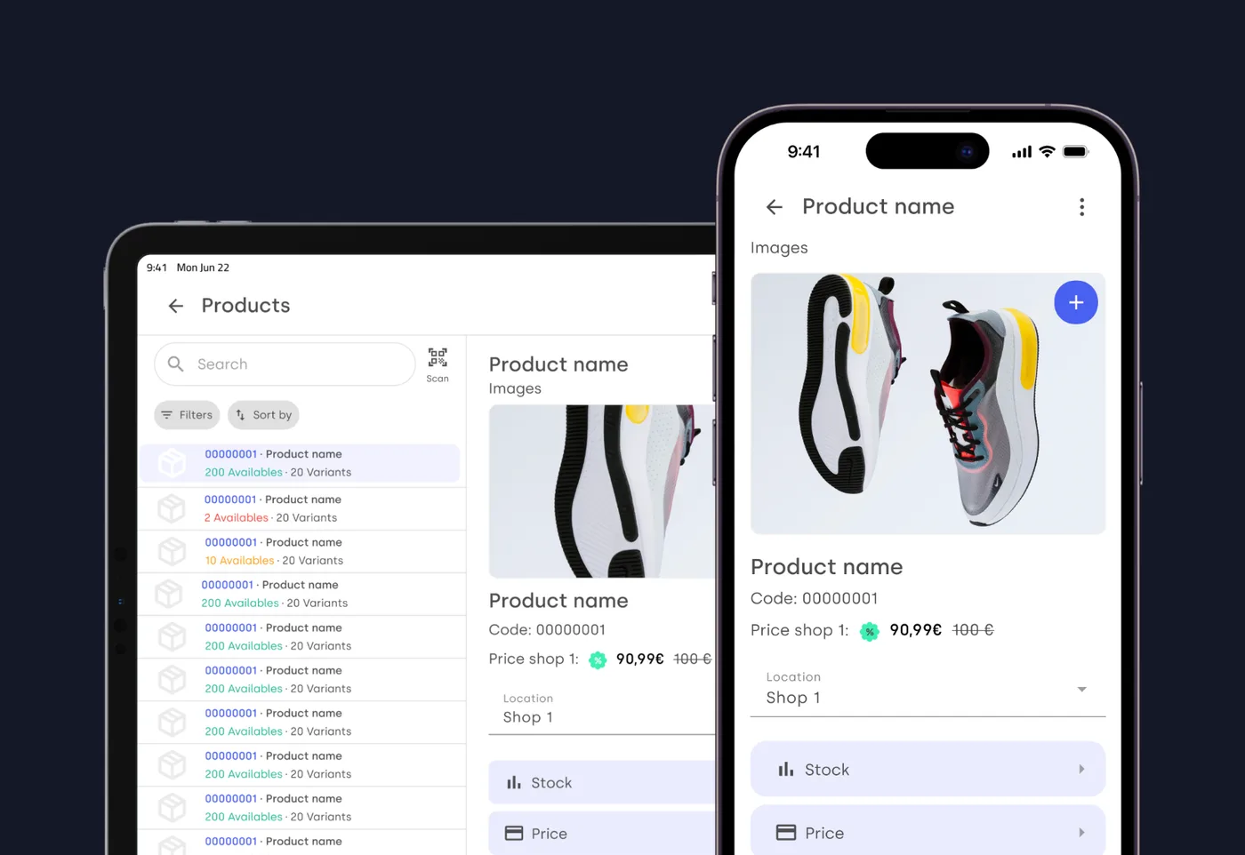 La app de Stockagile en móvil y tablet: ficha de producto con precio, stock y ubicación