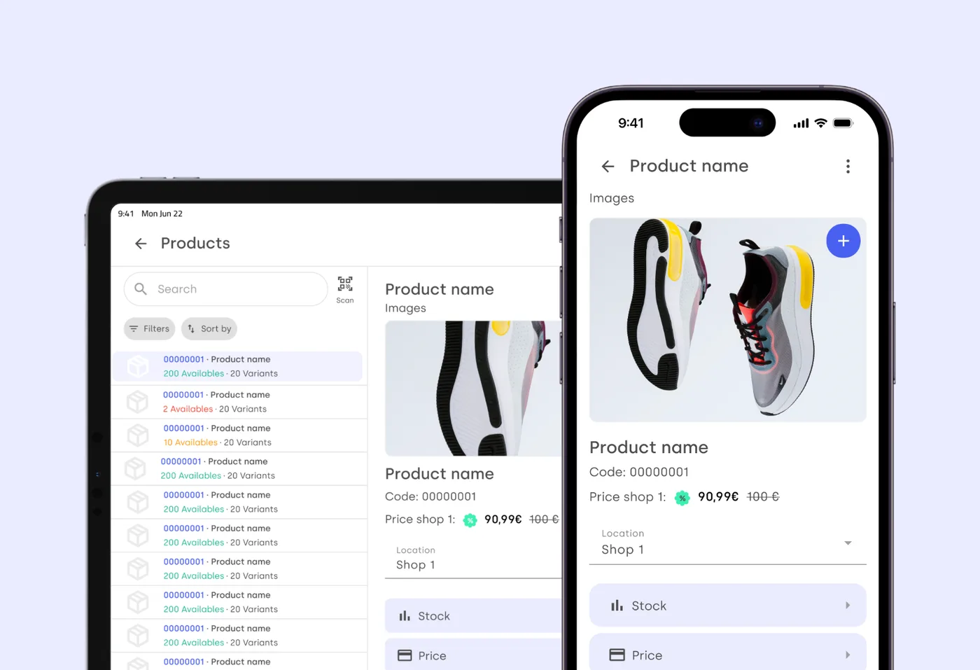 La app de Stockagile en móvil y tablet: ficha de producto con precio, stock y ubicación