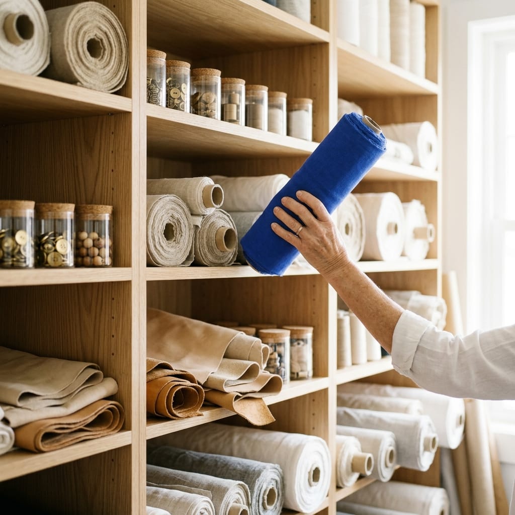 Materias primas y telas organizadas en las estanterías de un taller
