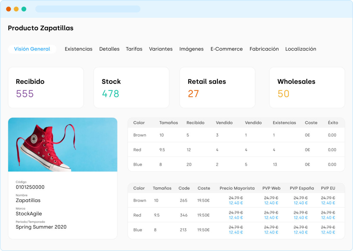 Stockagile panel showing the available variants of some Sneakers, as well as the sales made of them.