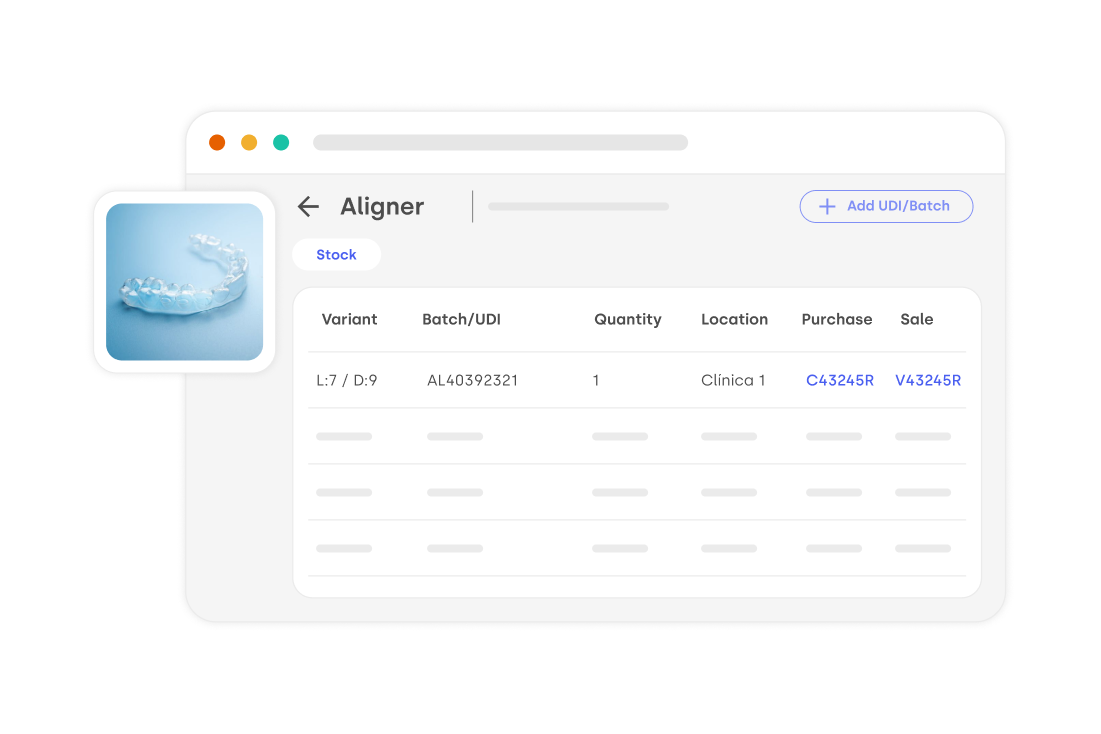 A detailed view of a product 'Aligner' in an inventory management system, with sections for stock, variant, batch/UDI, quantity, location, and sales and purchase information.