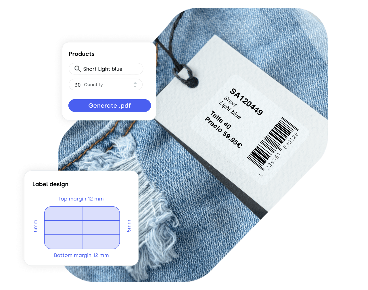 An image of a denim garment with a close-up of a customizable product label generated by Stockagile SaaS. The label contains the product name, size, and price with a barcode. Interface elements include a 'Products' search bar, quantity selector, PDF generation button, and a 'Label design' diagram with margin specifications.