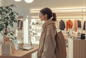 Una mujer con gafas de realidad virtual está explorando un espacio de tienda moderna, con una mesa que exhibe dispositivos tecnológicos y ropa de fondo en perchas.