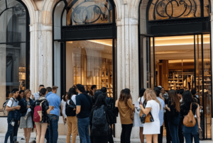 Un grupo de personas haciendo fila frente a una tienda con una fachada de piedra y grandes ventanales en una calle de Lisboa.