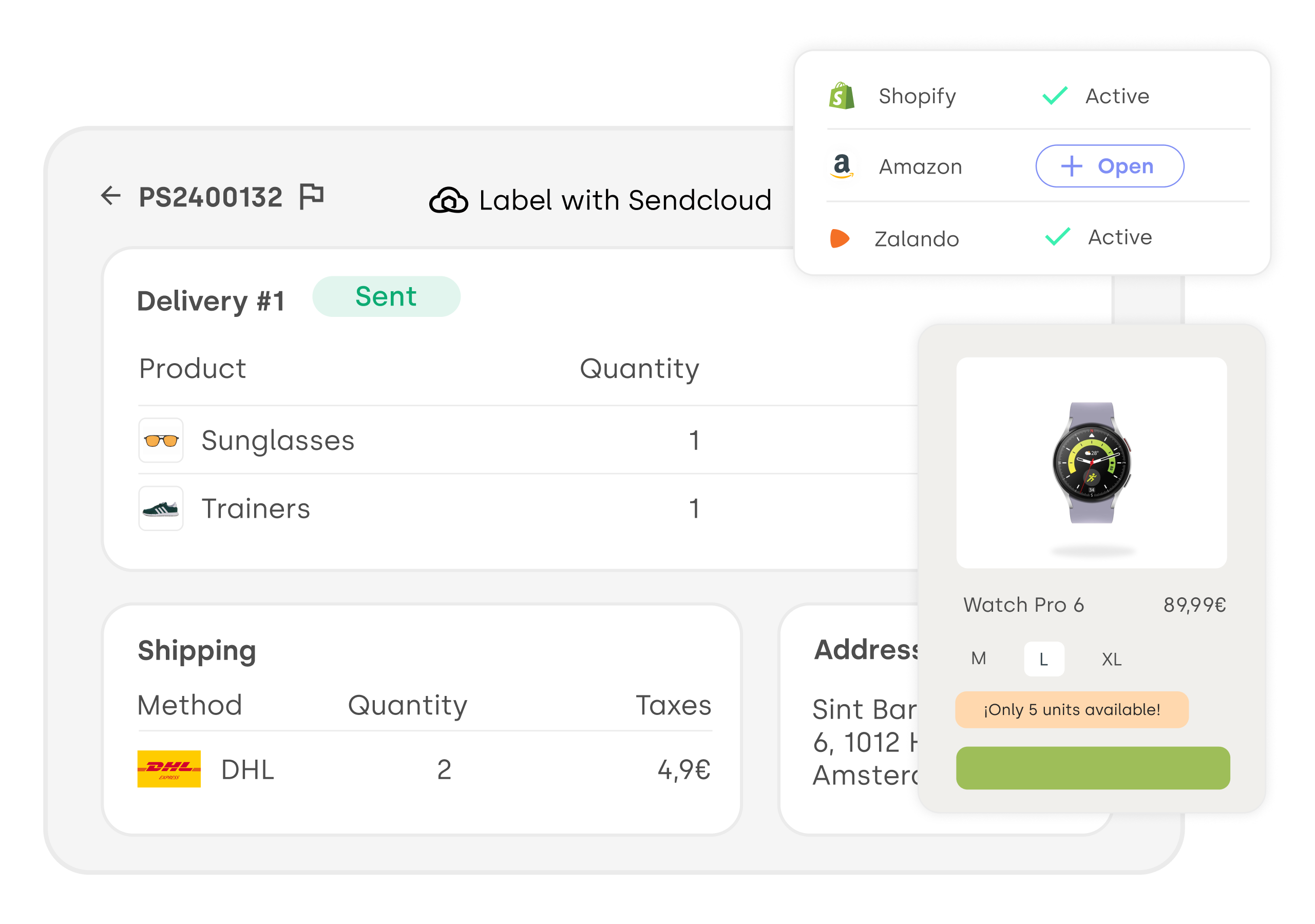 Stockagile interface displaying an order with shipping details, product quantities, and availability, along with active sales channels like Shopify, Amazon, and Zalando.