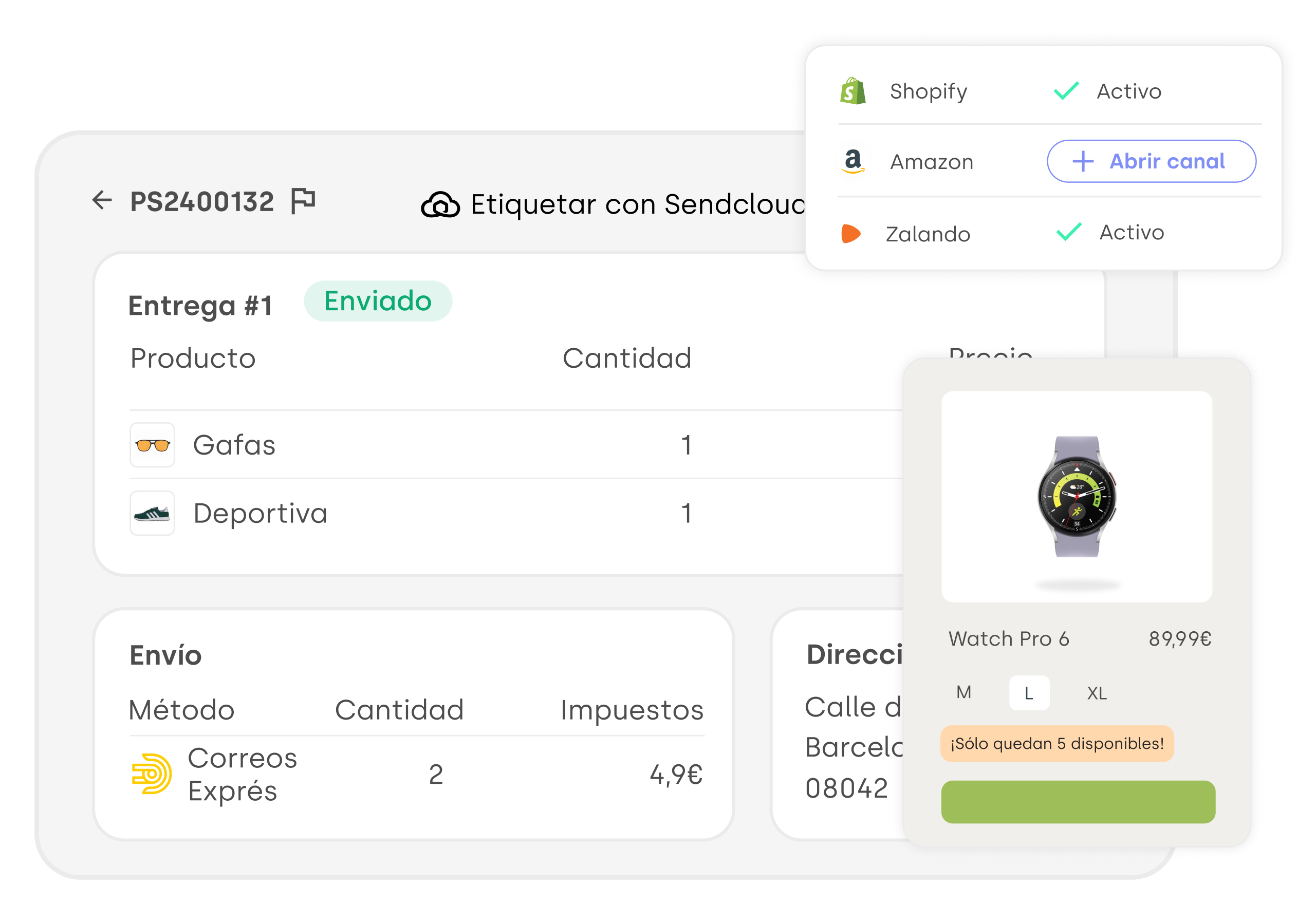 Interfaz de Stockagile que muestra un pedido con detalles de envío, cantidades de productos y disponibilidad, junto con canales de venta activos como Shopify, Amazon y Zalando.