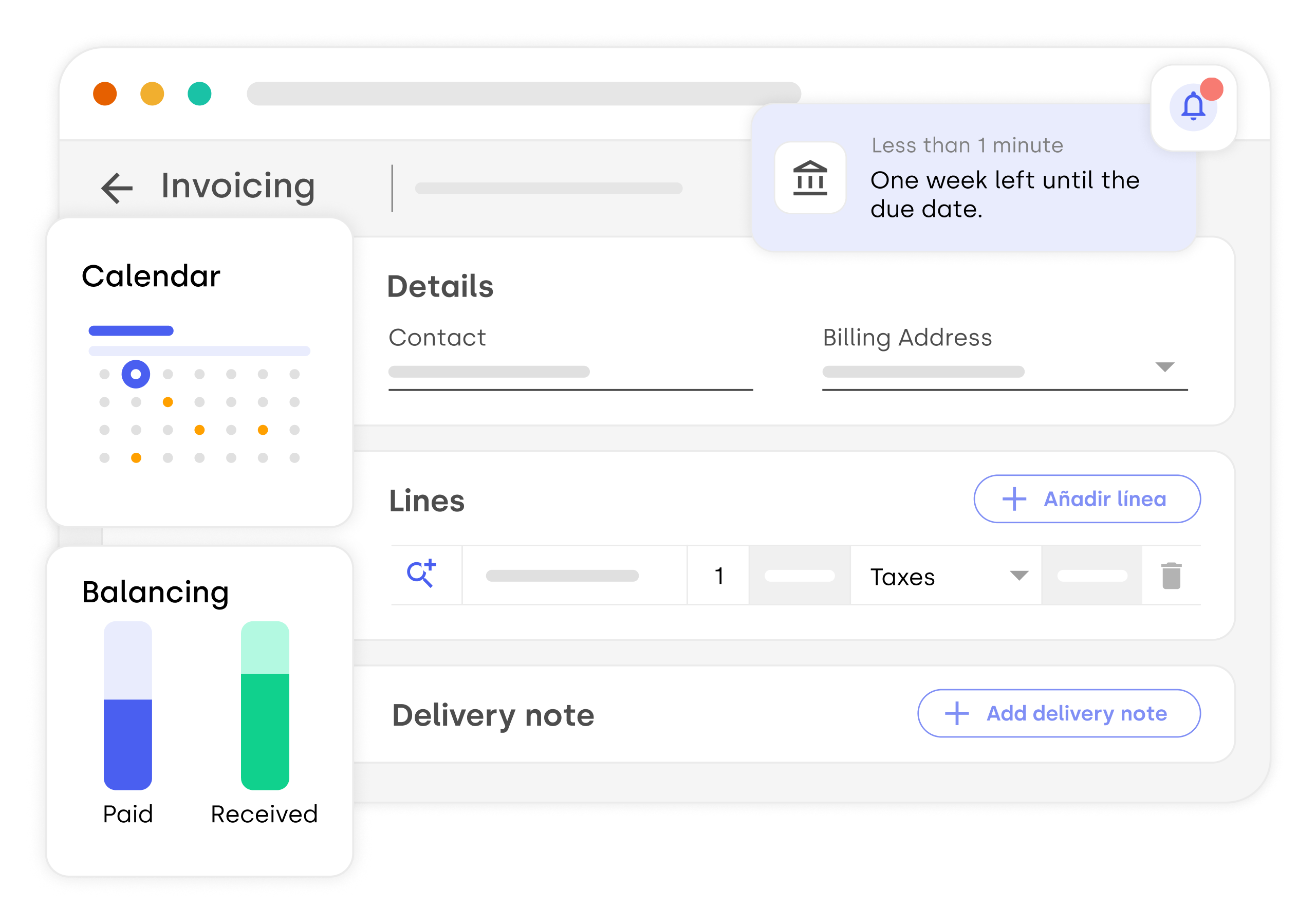 Billing interface with calendar, payment balances, and options for lines and delivery notes, with an invoice due date notification.