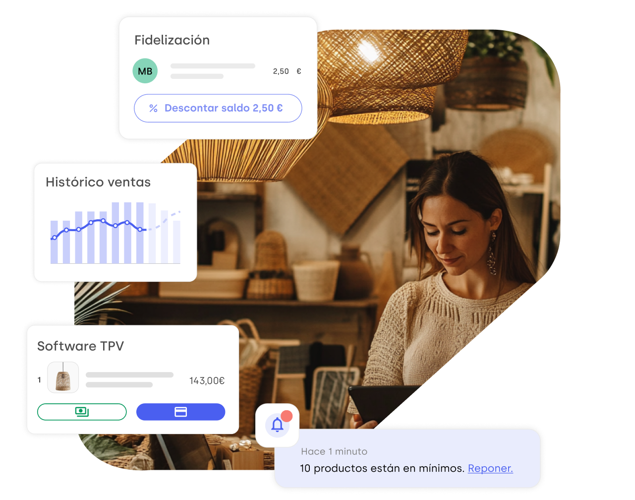 Imagen que muestra una mujer revisando una tablet en una tienda decorada con muebles y cestas artesanales. Alrededor de la imagen, aparecen superpuestas diversas pantallas con funcionalidades del software Stockagile de gestión, como fidelización de clientes, histórico de ventas, software TPV y alertas de inventario bajo.