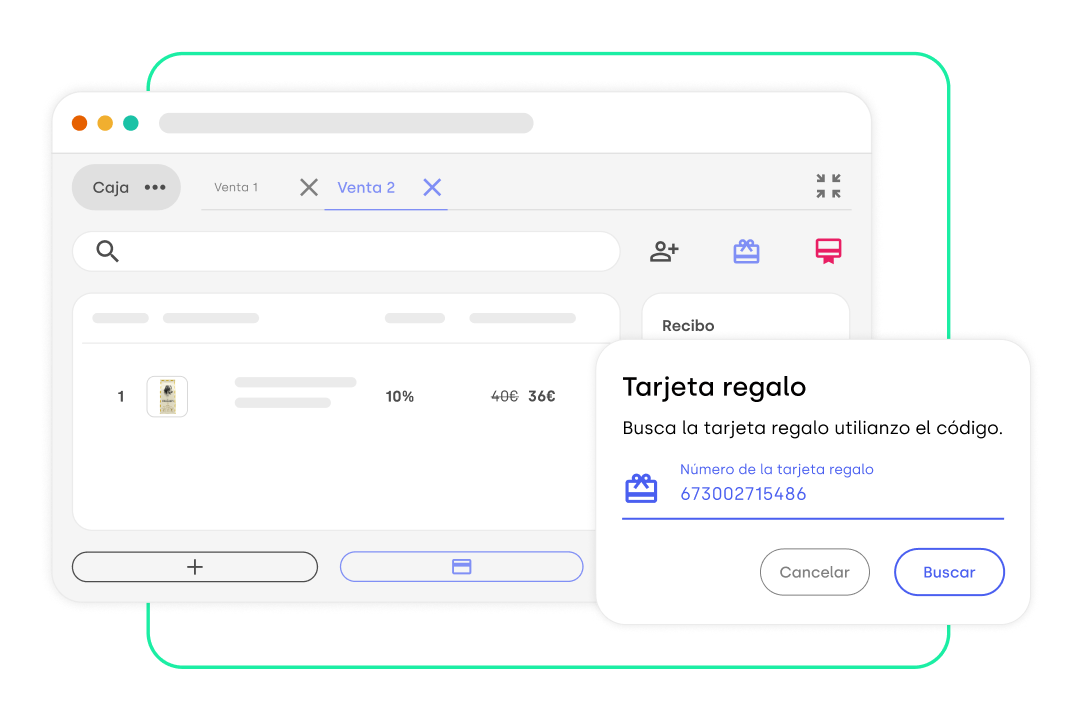 Pantalla de Stockagile de punto de venta (POS) mostrando la gestión de una venta con un descuento aplicado. También se muestra un cuadro de diálogo emergente para buscar una tarjeta regalo mediante el número de código proporcionado.