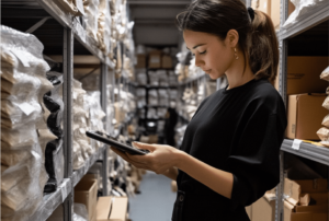 Mujer joven en un almacén rodeada de estantes con productos empaquetados en bolsas y cajas. Sostiene una tablet mientras revisa el inventario, mostrando un enfoque en la gestión y organización de stock. La escena destaca un entorno de trabajo moderno en logística o administración de inventarios.