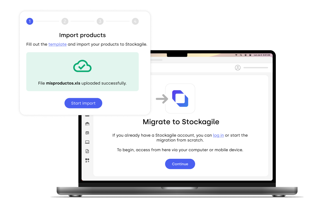 Migration screen to Stockagile showing the product import process. In step 1, it indicates that a template must be filled out and uploaded to the system. A message confirms that the file 'misproductos.xls' has been successfully uploaded, with a green check icon. There is a highlighted button that says 'Start import.' In the background, the general Stockagile interface is displayed, inviting users to log in or start from scratch, with a blue button that says 'Continue.'