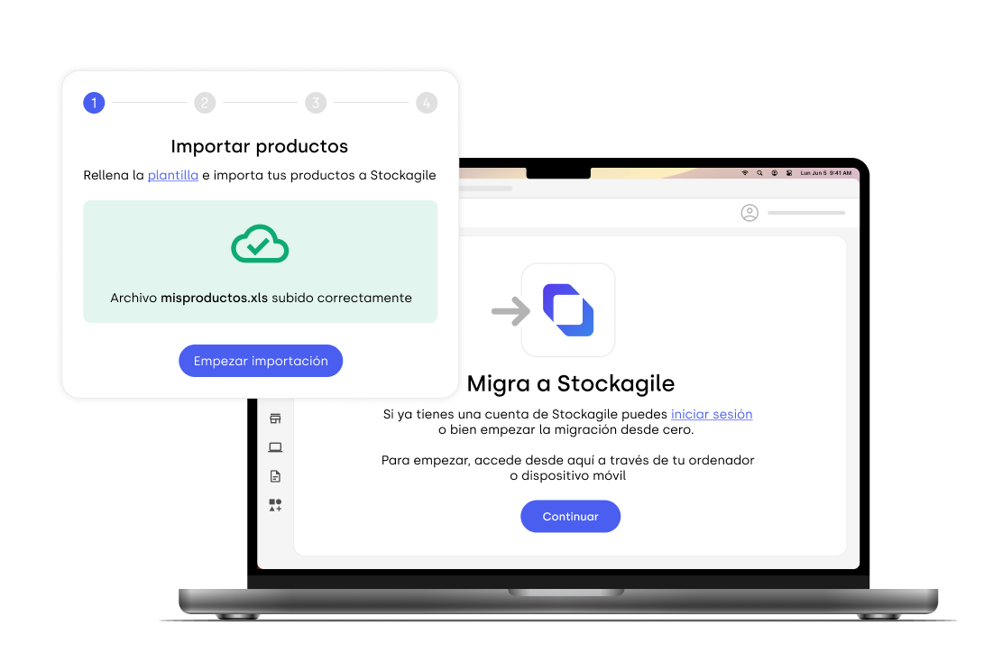 Pantalla de migración a Stockagile mostrando el proceso de importación de productos. En el paso 1, se indica que se debe completar una plantilla y subirla al sistema. Un mensaje confirma que el archivo 'misproductos.xls' ha sido subido correctamente, con un icono de verificación verde. Hay un botón destacado que dice 'Empezar importación'. En el fondo, se muestra la interfaz general de Stockagile, invitando a iniciar sesión o empezar desde cero, con un botón azul que dice 'Continuar'.