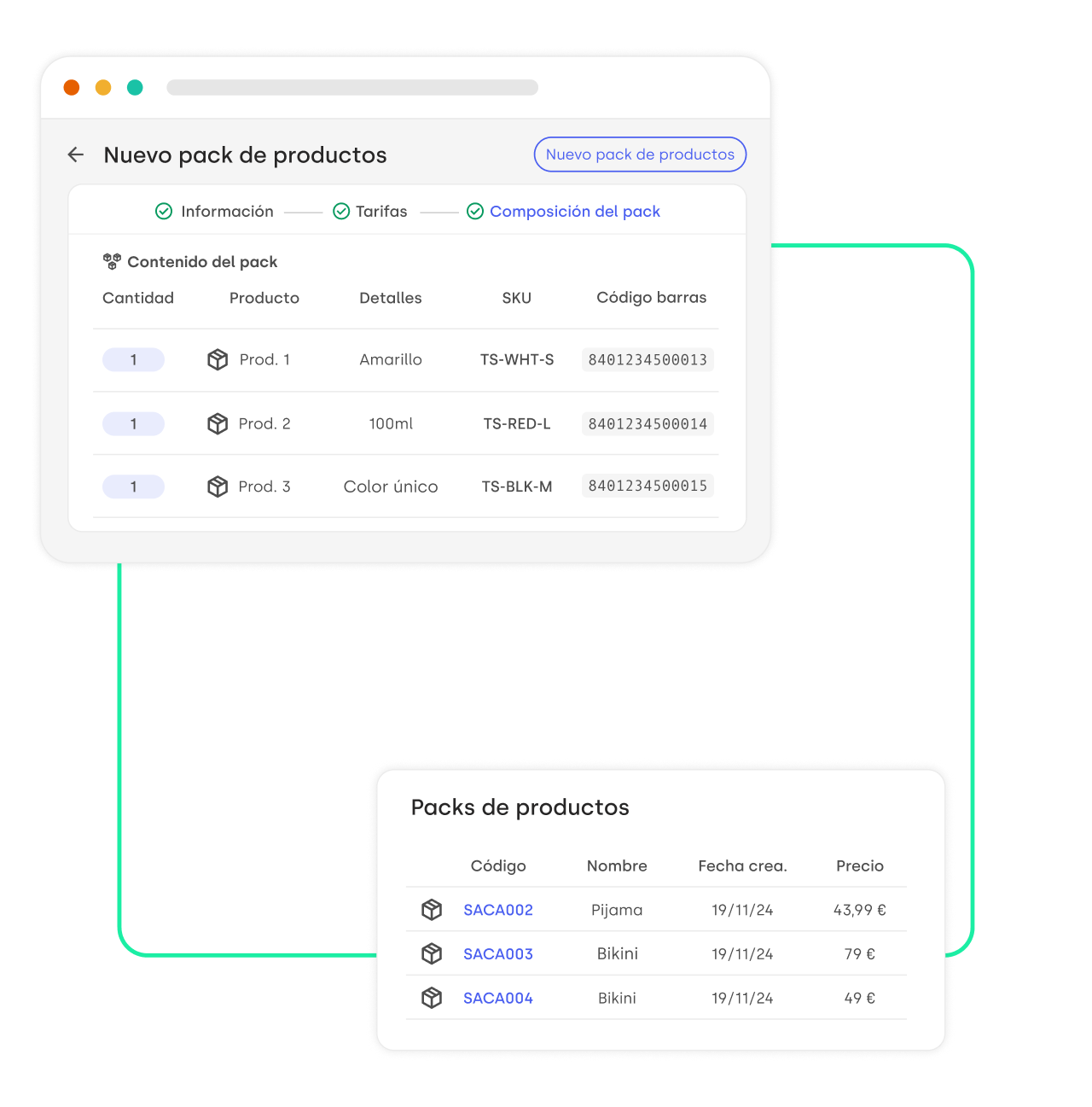 Interfaz de Stockagile para la creación y gestión de packs de productos. La parte superior muestra la composición de un nuevo pack, con detalles como cantidad, producto, descripción, SKU y código de barras. En la parte inferior, una tabla con packs existentes muestra el código, nombre, fecha de creación y precio de cada pack